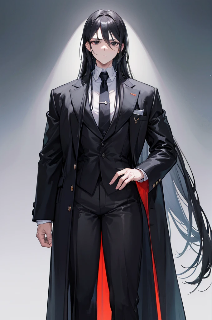 a man with an imposing physique, often described as charismatic and intimidating. He has black hair, thick and slightly wavy, framing a face with marked and angular features. His piercing black eyes always seem to analyze his environment with calculated coldness. Her fair skin contrasts sharply with her clothing, which usually consists of dark, functional outfits, such as a black coat which adds to her aura of mystery. He stands straight, with impeccable posture, reflecting unwavering discipline and confidence.