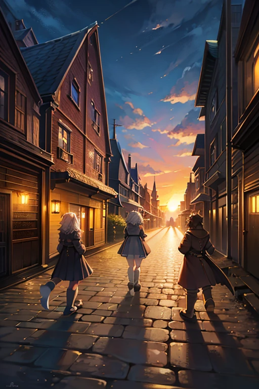 During a day,sunset,fantasy,a Beatles-inspired group of four people wark across a crosswalk, reminiscent, reminiscent of the Abbey Road album cover.  BREAK Each of the four individuals is dressed differently, walking in tile. BREAK 馬車 and buildings surround them, atmosphere.Break masterpiece,ultra quality,best quality,ultra detailed,super detailed,super fine illustration,8K,8K quality,in 8K,8K background,beautiful background,anime style,artistic,perfect face,perfect hands,ass pov