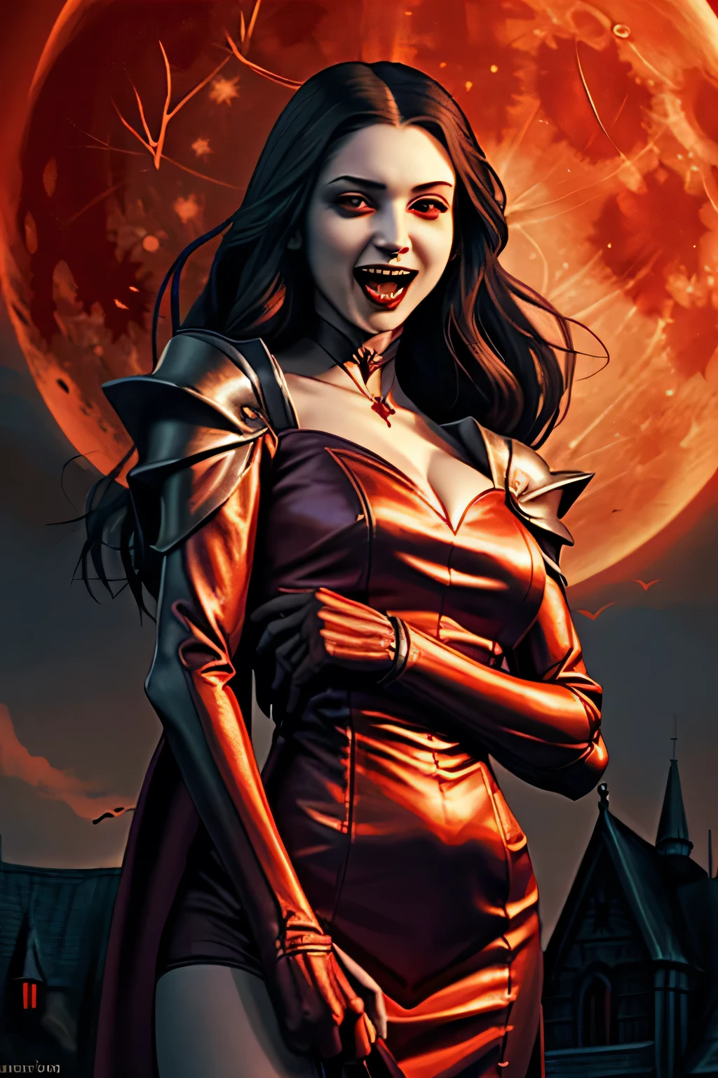 1 female vampire, looking at viewer, holding human body in her arms, night with red moon in background, fantasy, (realistic face), half body, open mouth, showing vampire teeth,

