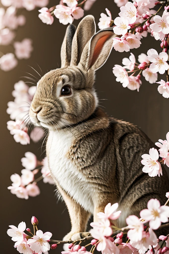 Rabbit with cherry blossom in ear