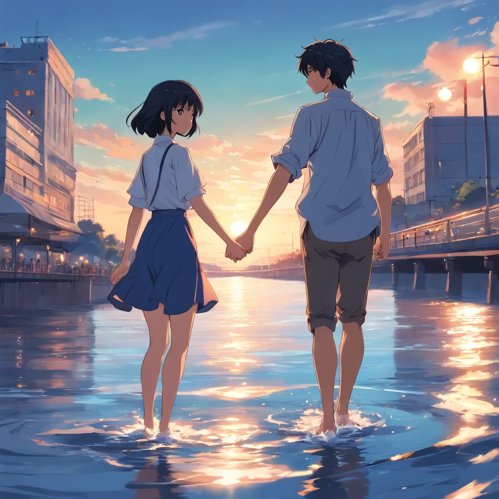 A black hair boy and a silver hair girl on a date holding each other hands strolling in river side