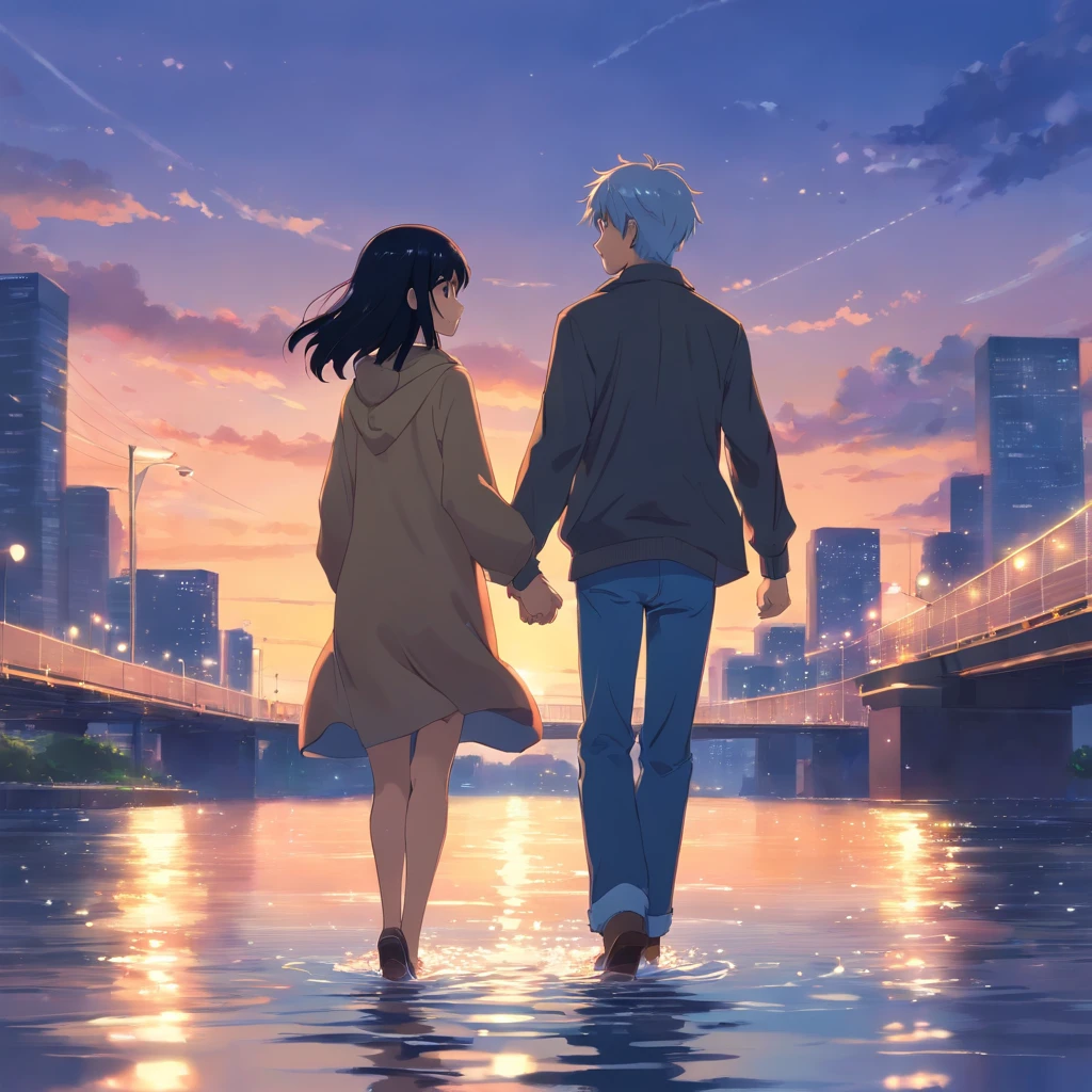 A black hair boy and a silver hair girl on a date holding each other hands strolling in river side