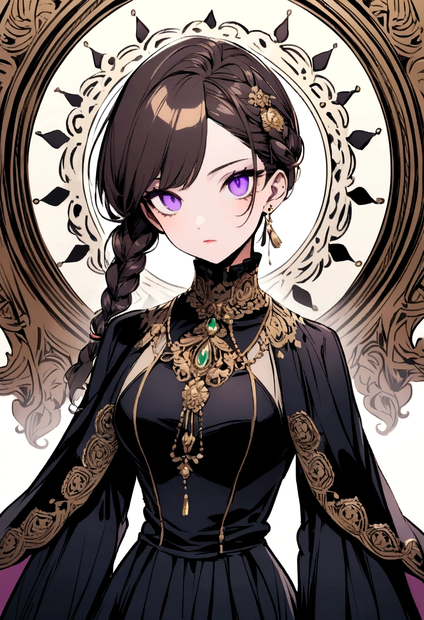 - Graceful and elegant with a striking presence.
- Long, wavy dark brown hair (put it down with a little braid) and piercing purple eyes.
- Often depicted in a modern attire, reflecting her unique heritage and style.
- Radiates confidence and intelligence through her posture and expressions.