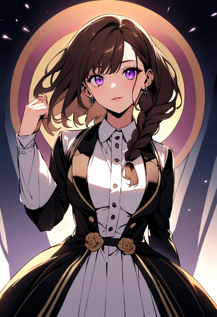 - Graceful and elegant with a striking presence.
- Long, wavy dark brown hair (put it down with a little braid) and piercing purple eyes.
- Often depicted in a modern attire, reflecting her unique heritage and style.
- Radiates confidence and intelligence through her posture and expressions.