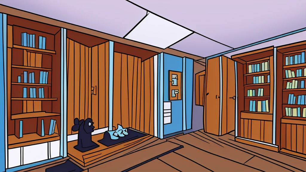 Disney cartoon style, a stylish and classic room in the 1960s in America, with a wooden baseboard, a plain floor, one wall of the room is covered with a classic wooden bookcase that is full of books, a stylish fireplace in be a room.
