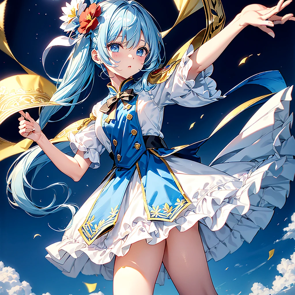 One girl、Dynamic configuration、marching band、(((masterpiece、Highest quality、Official Art、Very detailed、Handsome face、Dynamic configuration)))、Anime Style、(Milky white and blue hair:1.3),(blue eyes:1.4),(Bright colors:1.4),((麻の葉background:1.3)),, marching bandのユニフォームを着たクールな女の子, marching bandの帽子、mini skirt, Frills, Two hands holding a black and white gold embroidered flag,(background:Large red flag and gold flower embroidery on the back, Note, )、euphonium、Giant Flag、