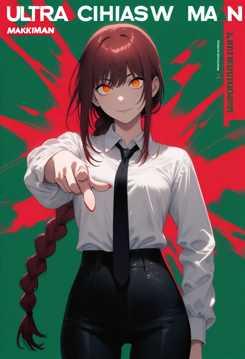 1girl, mishima kurone, tatsuki fujimoto, absurdres, official art, absurdres, chainsaw man, makima \(chainsaw man\), 1girl, artist name, black necktie, black pants, braid, braided ponytail, breasts, closed mouth, collared shirt, copyright name, cover, cover page, dress pants, formal, green background, hand gesture, high-waist pants, long hair, long sleeves, looking at viewer, manga cover, medium breasts, multicolored background, nail, necktie, open door, pants, pointing, pointing at viewer, red background, red eyes, red hair, ringed eyes, shirt, sidelocks, smile, solo, upper body, white shirt, yellow eyes, ((very aesthetic, best quality, ultra detailed)), rating:safe, manga, painterly
