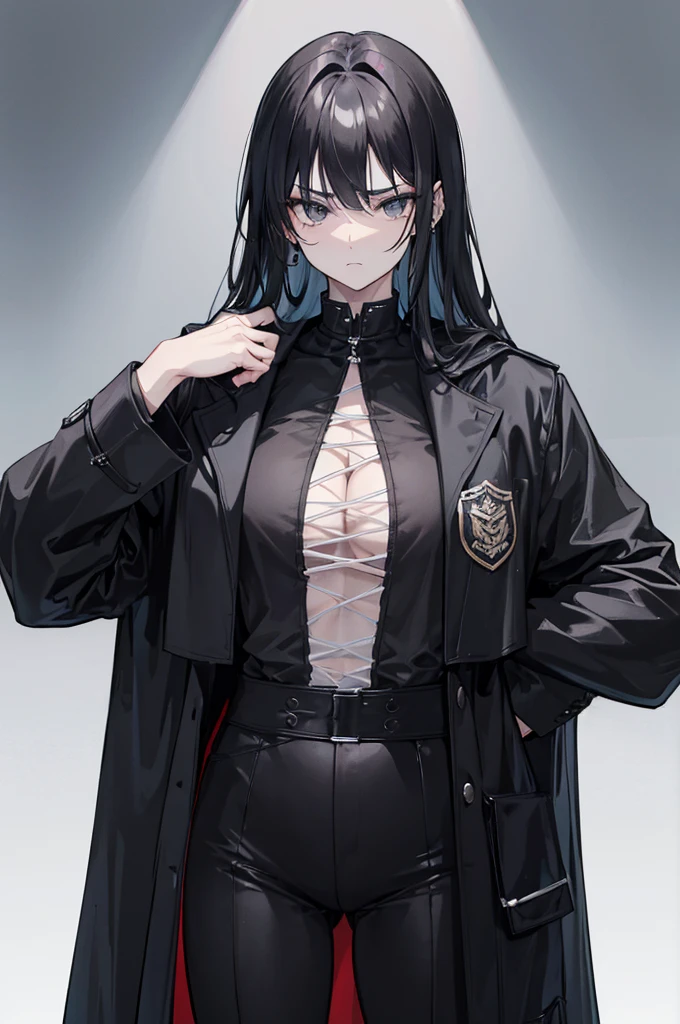a man with an imposing physique, often described as charismatic and intimidating. He has black hair, thick and slightly wavy, framing a face with marked and angular features. His piercing black eyes always seem to analyze his environment with calculated coldness. Her fair skin contrasts sharply with her clothing, which usually consists of dark, functional outfits, such as a black coat which adds to her aura of mystery. He stands straight, with impeccable posture, reflecting unwavering discipline and confidence.