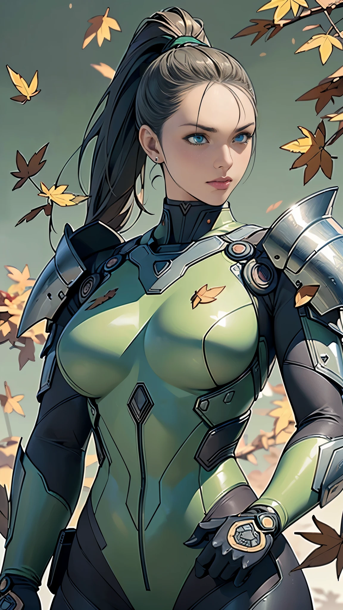 (masterpiece:1.2, Highest quality,High resolution,Super detailed),8K,wallpaper,(Super detailed),(Concept Art),(Armored Core Style),Woman wearing ninja robot armor,ponytail,(Wind Ninja),(Light green body),(Detailed eyes:1.3),(Detailed face:1.3),(Detailed body:1.3),((Cowboy Shot)),(((The background is falling leaves)))