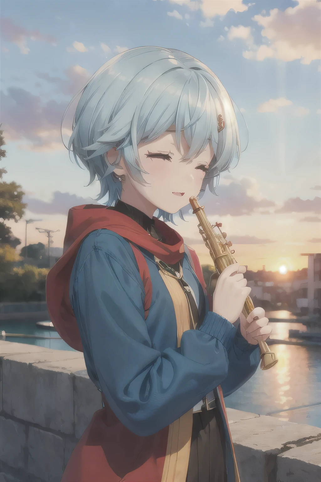 Flute,Playing the flute with eyes closed,Sunset,Blue Hair
