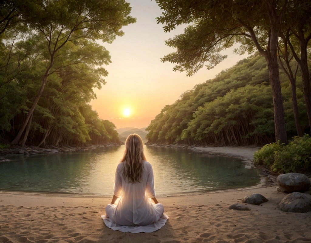 make a Brazilian girl with high definition of facial expressions, beautiful in white with transparent clothes almost like an angel praying. Create an inspiring image for a morning prayer that brings peace and encouragement to people of all faiths. The image should convey a sense of tranquility, Hope and unity. Include the following elements: Scenery at Dawn: Show a beautiful sunrise in a natural environment, SOM uma montanha, beach or countryside, symbolizing a new beginning and endless possibilities. Nature Elements: Include trees, flowers, or a serene body of water, that bring a feeling of calm and connection with nature. People in meditation: Show some people from different backgrounds and cultures sitting or standing, in meditation or prayer postures, symbolizing unity and diversity. smooth light: Use soft, warm light to highlight the serenity and peace of the moment, with sunbeams softly illuminating the scene. Inspiring Text: Include a short, inspiring message in the image, SOM "Start your day with peace and hope" in an elegant and subtle font. The image should evoke feelings of gratitude, joy and serenity, inspiring viewers to start their day in a positive and centered way.

