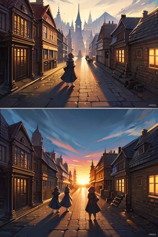 During a day,sunset,fantasy,a Beatles-inspired group of four people wark across a crosswalk, reminiscent, reminiscent of the Abbey Road album cover. BREAK Each of the four individuals is dressed differently, walking in sync. BREAK 馬車 and buildings surround them, atmosphere.Break masterpiece,ultra quality,best quality,ultra detailed,super detailed,super fine illustration,8K,8K quality,in 8K,8K background,beautiful background,anime style,artistic,perfect face,perfect hands,ass pov