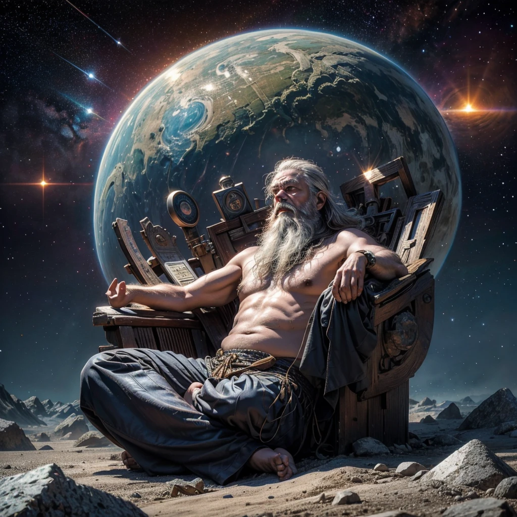 A wise old man, long beard, sitting in a meditation position, looking directly at camera, cosmic scenery exhausting divine energy across the universe
