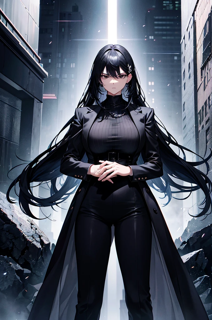a man with an imposing physique, often described as charismatic and intimidating. He has black hair, thick and slightly wavy, framing a face with marked and angular features. His piercing black eyes always seem to analyze his environment with calculated coldness. Her fair skin contrasts sharply with her clothing, which usually consists of dark, functional outfits, such as a black coat which adds to her aura of mystery. He stands straight, with impeccable posture, reflecting unwavering discipline and confidence.
