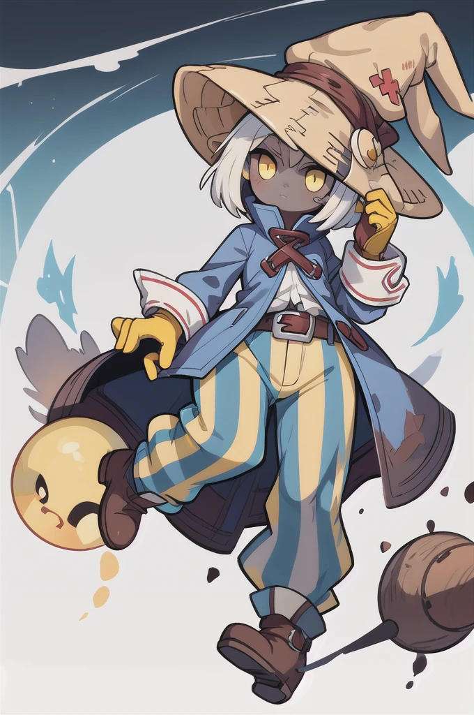 (masterpiece, best quality), 1girl, beautiful face, beautiful body, vivi ornitier, baggy pants, belt buckle, blue coat, boots, brown footwear, brown gloves, buckle, coat, gloves, hat, hat belt, high collar, pants, striped, striped pants, wizard hat, (yellow eyes:1.5), yellow headwear,