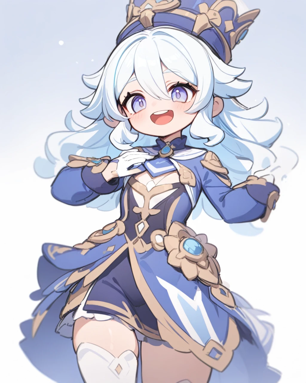masterpiece,best quality,1 Girl, Forrina \(Genshin Impact\), Genshin Impact, Hair whorl, top hat, Blue Jacket, Blue Ascot, Blue brooch, end, Simple background, open mouth, Blue headdress, Striped hair, Upper teeth only, Solitary, Long hair, Light blue hair, White background, Smile, White hair, Ahog, mismatched gloves, White gloves, Long sleeve, Hair between the eyes, Blue Gemstone,chibi，Cartoon，