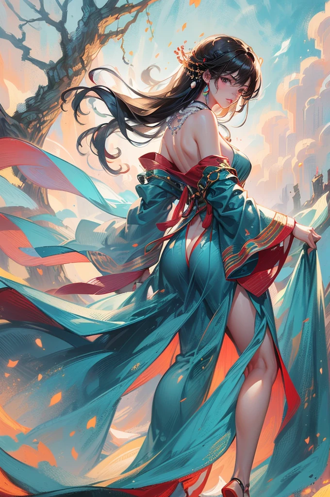(masterpiece:1.5, Highest quality, Very detailed、 Dutch Angle、Semi-Realistic、Fantasy)(One girl, alone)(White and beautiful hair,,Straight Long Hair)(Wearing Han clothes, Royalty、Black and white Hanfu,Thick fabric,Long sleeve)、((Off the shoulder、Medium Chest、ruby necklace))(From behind:1.4,The buttocks are slightly exposed、Legs wrapped in tights)(Cherry tree、dead tree、Mystical Night、Particles of light float around the woman、Space for fantasy)