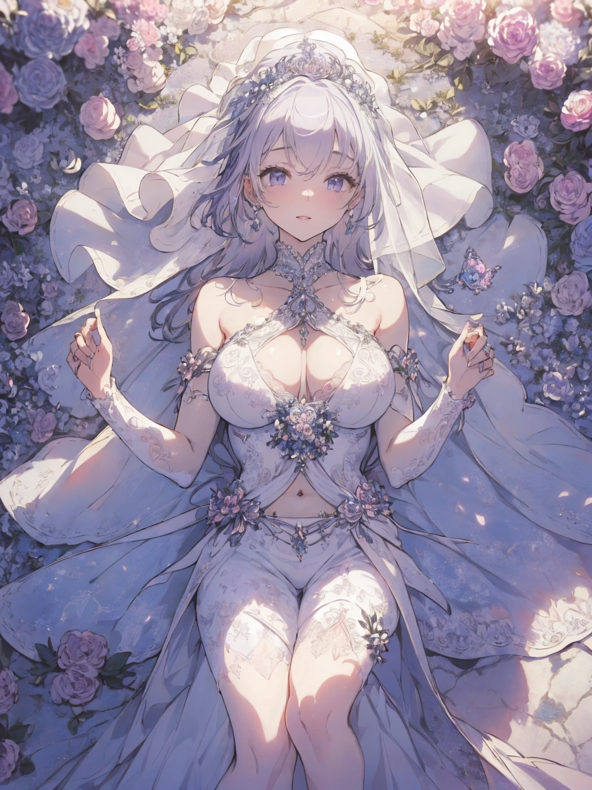 (wedding photo:1.1, in white garden:1.5), Masterpiece, best quality, (very detailed CG unity 8k wallpaper), (best quality), High definition RAW color art, Animation,sculptures, (pink Marble Skin), (((Ultra detailed elegant))), Magical atmosphere, Detailed skin, Texture,(Intricately detailed, Fine detail, ultra-detail art), depth of fields, bokeh, Silky Touch, Hyper Detail, beautiful eyes, Elegant Face, (lying on marble floor), sparkle background, enormous breast:1.3, witchcraft outfit, (silver hair, pastel purple:1.1), abs, muscle, smiley with embarrassing, wide open udder, ラベンダー