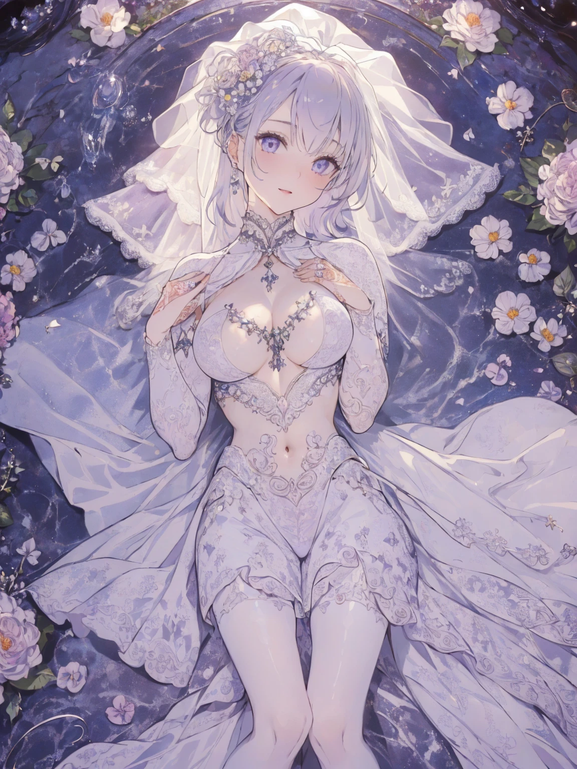 (wedding photo:1.1, in white garden:1.5), Masterpiece, best quality, (very detailed CG unity 8k wallpaper), (best quality), High definition RAW color art, Animation,sculptures, (pink Marble Skin), (((Ultra detailed elegant))), Magical atmosphere, Detailed skin, Texture,(Intricately detailed, Fine detail, ultra-detail art), depth of fields, bokeh, Silky Touch, Hyper Detail, beautiful eyes, Elegant Face, (lying on marble floor), sparkle background, enormous breast:1.3, witchcraft outfit, (silver hair, pastel purple:1.1), abs, muscle, smiley with embarrassing, wide open udder, ラベンダー