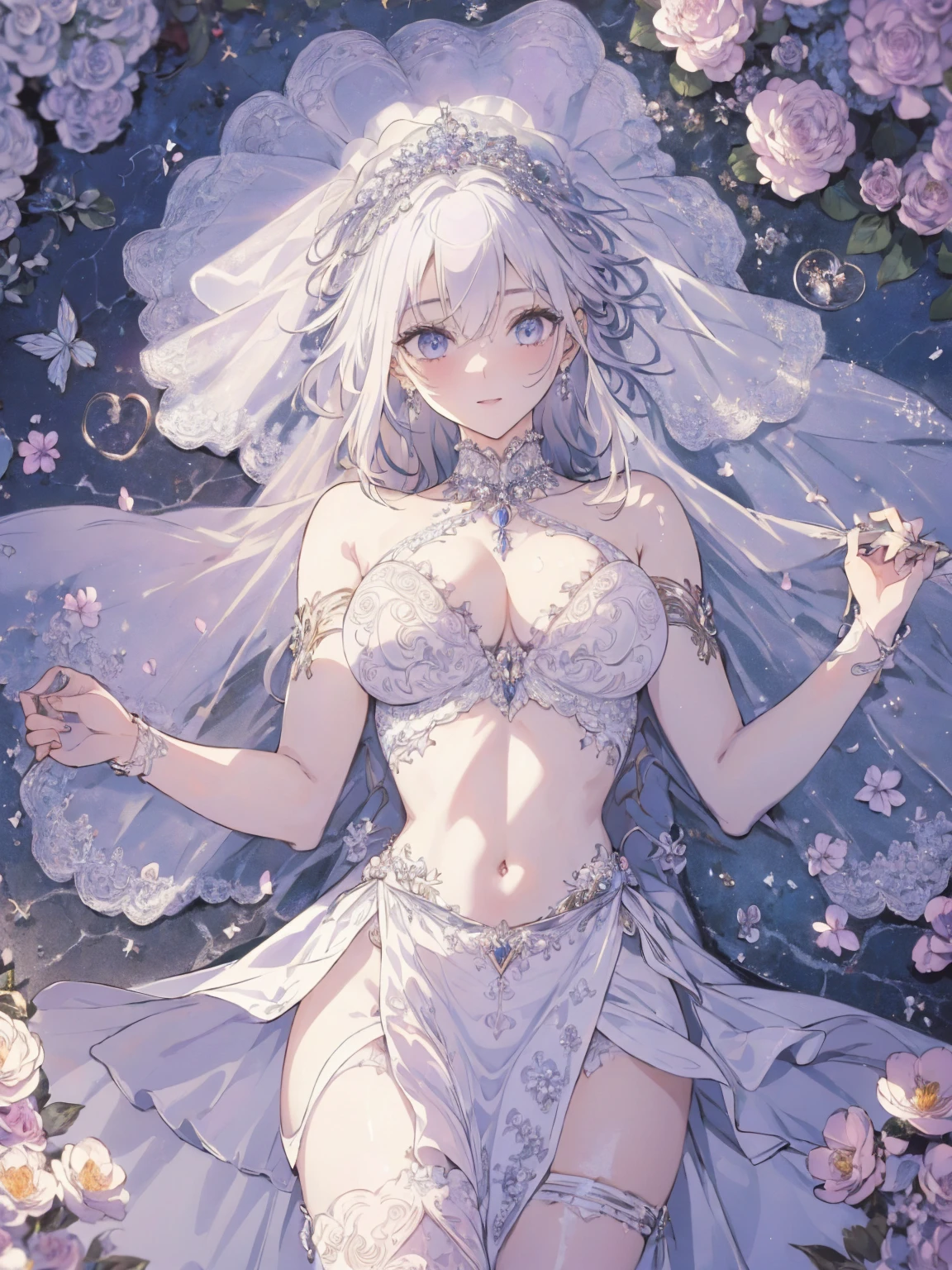 (wedding photo:1.1, in white garden:1.5), Masterpiece, best quality, (very detailed CG unity 8k wallpaper), (best quality), High definition RAW color art, Animation,sculptures, (pink Marble Skin), (((Ultra detailed elegant))), Magical atmosphere, Detailed skin, Texture,(Intricately detailed, Fine detail, ultra-detail art), depth of fields, bokeh, Silky Touch, Hyper Detail, beautiful eyes, Elegant Face, (lying on marble floor), sparkle background, enormous breast:1.3, witchcraft outfit, (silver hair, pastel purple:1.1), abs, muscle, smiley with embarrassing, wide open udder, ラベンダー