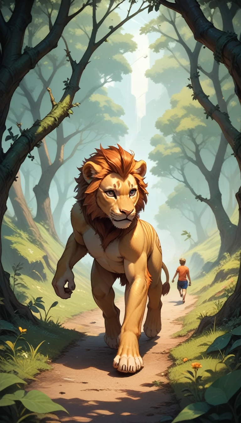 The lion cub playing with his animal friends: a ey swinging on a vine and a striped zebra walking beside him