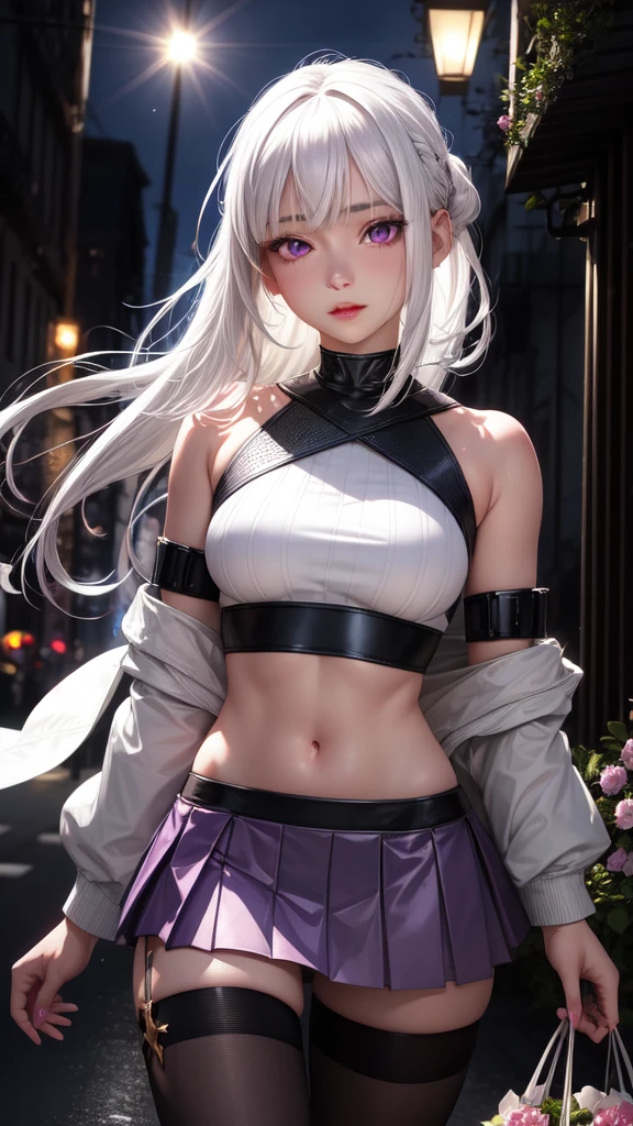 realistic, 1girl, white hair, purple eyes, glowing eyes, crop top, skirt, parted lips, blush, night, flowers, sun, sunlight,