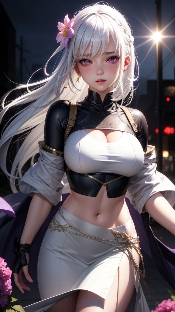realistic, 1girl, white hair, purple eyes, glowing eyes, crop top, skirt, parted lips, blush, night, flowers, sun, sunlight,