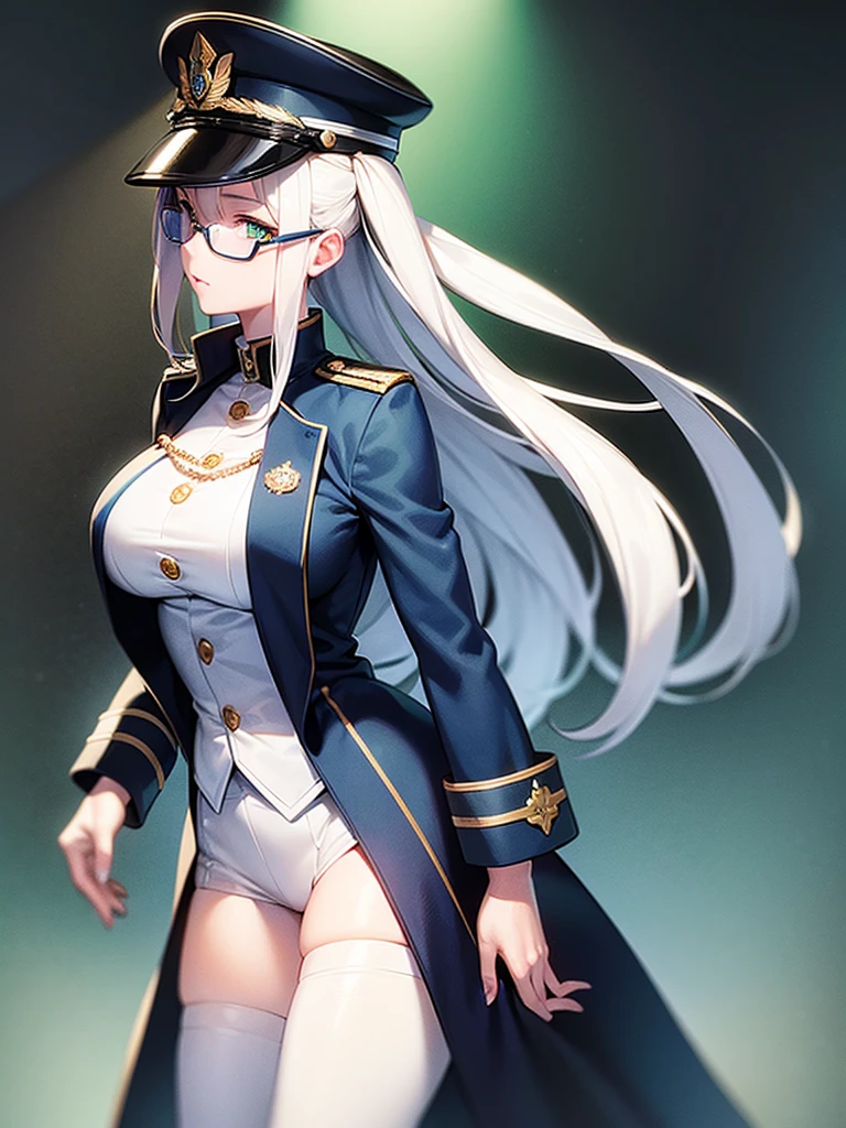 masterpiece, best quality, beautiful girl, white hair with green color inner, green eyes color, blue military uniform, mature_female, eyes glasses , white gloves, anime, blue military hat, very_long_hair, perfect body, red ribbon, commander, science_fiction, black knee-high boots, white pants, cowboy_shot , large_breasts, ultra-detailed, high quality, modern military uniform, sci-fi, dark blue Trench Coat, 1girl, 4k, military base ,perfect hands