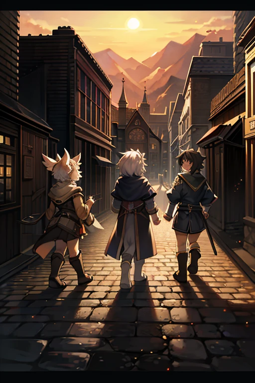 During a day,sunset,fantasy,a Beatles-inspired group of four people wark across a crosswalk, reminiscent, reminiscent of the Abbey Road album cover. BREAK Each of the four individuals is dressed differently, walking in sync. BREAK 馬車 and buildings surround them, atmosphere.Break masterpiece,ultra quality,best quality,ultra detailed,super detailed,super fine illustration,8K,8K quality,in 8K,8K background,beautiful background,anime style,artistic,