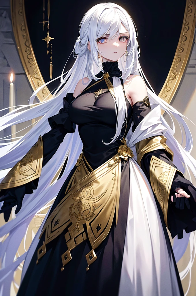 Physical description This character is a woman with an ethereal and imposing appearance. Her long white hair flows around her, creating an almost mystical aura. His golden eyes are piercing and express great intensity and determination. Her outfit is complex and elegant, consisting of several layers of white and black fabrics, accented with gold designs. The dress appears both practical and ceremonial, perhaps indicating a high rank or special role in one's world. Her arms are covered in sleek gauntlets that add a touch of sophistication to her appearance. His entire style suggests a combination of power, grace and mystery.