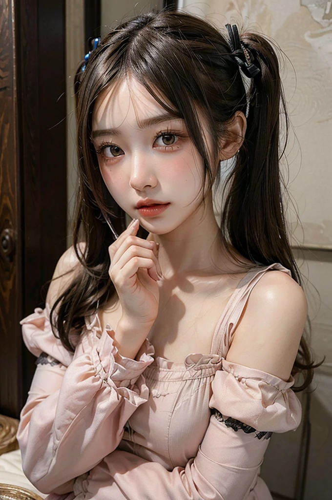 (Highest quality, masterpiece:1.3), ((Beautifully detailed face)), beautifully detailed skin, Intricate details, Very detailed, Best image quality in 8K, (18-year-old girl),Japanese Girls,Baby Face,(Detailed Hair,Twin tails:1.4,Black Hair),Detailed lips,Open your mouth,blush,Embarrassing,Realistic Face,Realistic Skin,(sexy:2.0,Clothes are disheveled),(Vibrant Skin,Moisturized Skin:1.2),Vivid lips,Lip gloss,The whole body is shown