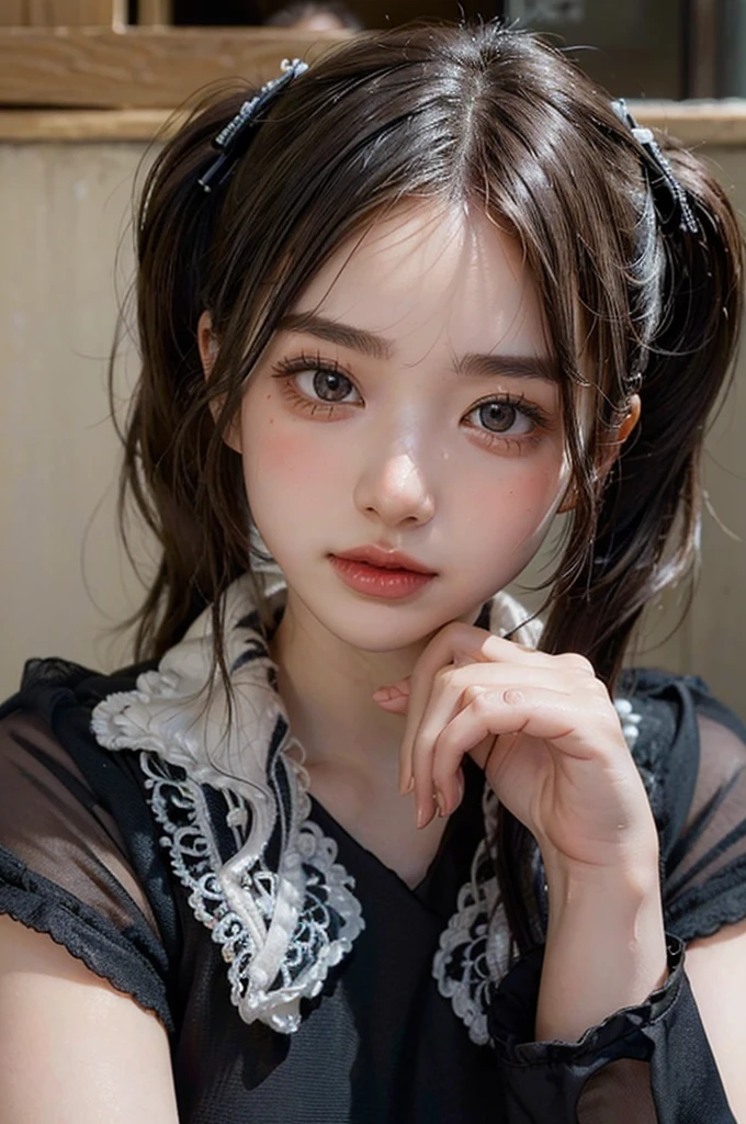 (Highest quality, masterpiece:1.3), ((Beautifully detailed face)), beautifully detailed skin, Intricate details, Very detailed, Best image quality in 8K, (18-year-old girl),Japanese Girls,,(Detailed Hair,Twin tails:1.4,Black Hair),Detailed lips,Open your mouth,blush,Embarrassing,Realistic Face,Realistic Skin,(sexy:2.0,Clothes are disheveled),(Vibrant Skin,Moisturized Skin:1.2),Vivid lips,Lip gloss,The whole body is shown