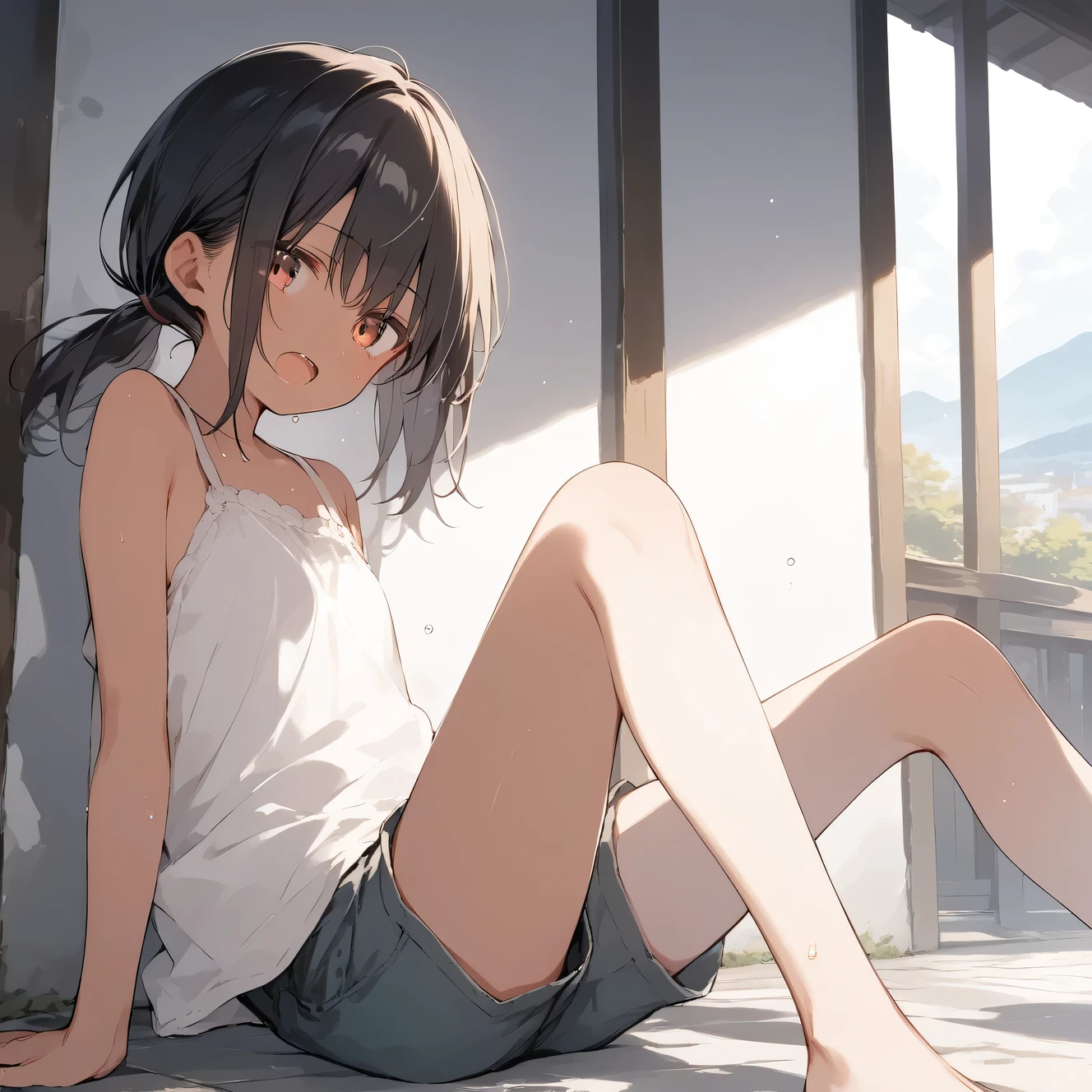 score_9, score_8_up, score_7_up, source_anime, best quality, masterpiece, official art, absurdres, highres, ultra-detailed,waifu2x,Collection: Slice of Life,break,1girl, tomboy, dark-skinned female, short hair, low ponytail, flat chest, beautiful detailed eyes, short shorts, sweat, open mouth, (yawn:0.3), sleepily, outdoors, wind, break,(clear line illustration:1.2),very high resolution, very aesthetic, super detailed skin, Best sexual lighting powered by famous artist, 8k,cute picture,beauty illustration,photoshop_(medium),,(Detailed Lighting),best anime 8k konachan wallpaper, pixiv contest winner,