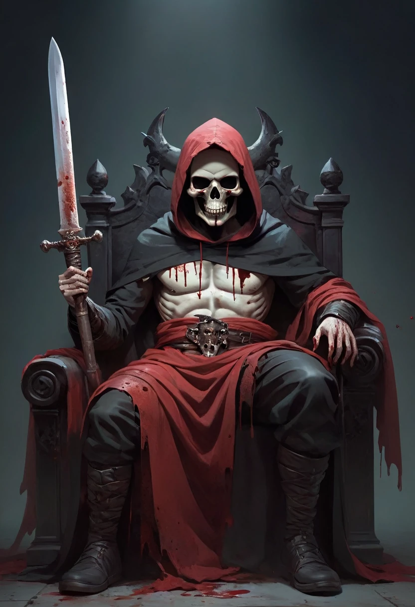 Masked man sitting on a throne. He wears a mask shaped like a human skull. In the right hand he holds a sword and in the left hand he holds a bloody cut head. He is dressed in a long leather toga and wears a hood on his head [Man] [Human skull mask] [Swords] [Human head cut] [Throne] [Scary] [Horror]