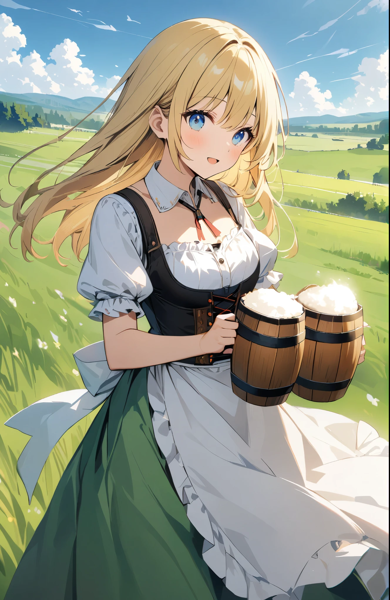 Very detailed、Very absurd、超High resolution, Attention to detail, high quality, High resolution, 最high quality, 4K, 8K, Awards,German folk costume,((dirndl,holding cup,beer mug,short puffy sleeves)),(白いシャツ),((Blonde:1.5)),(blue eyes:0.9),(Green Skirt),(White apron),Girl walking through the German meadow、cute、Grassland Background、The grass sways in the wind