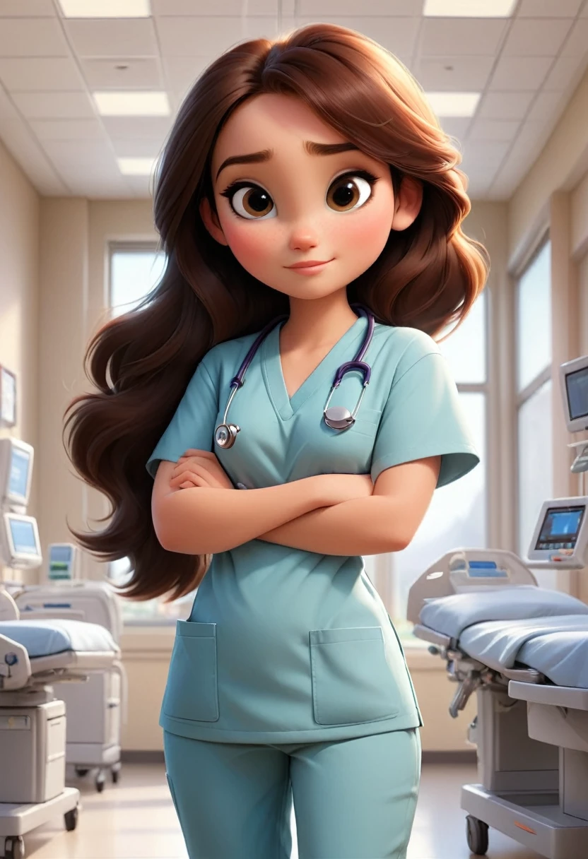 (disney pixar style:1.2) (cute adorable girl:1.15) (adult age 20:1.15)  brunette, hazel eyes, wearing modern medical scrubs, huge breasts, cleavage, hospital nametag, standing in a bright sunny hospital wing  (extreme far shot, full body, zoomed out:1.1)