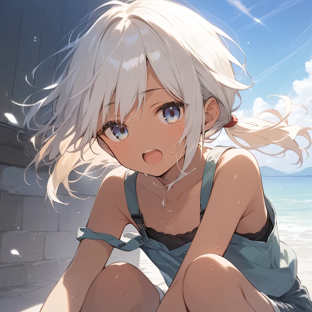 score_9, score_8_up, score_7_up, source_anime, best quality, masterpiece, official art, absurdres, highres, ultra-detailed,waifu2x,Collection: Slice of Life,break,1girl, tomboy, dark-skinned female, short hair, low ponytail, flat chest, beautiful detailed eyes, short shorts, sweat, open mouth, (yawn:0.3), sleepily, outdoors, wind, break,(clear line illustration:1.2),very high resolution, very aesthetic, super detailed skin, Best sexual lighting powered by famous artist, 8k,cute picture,beauty illustration,photoshop_(medium),,(Detailed Lighting),best anime 8k konachan wallpaper, pixiv contest winner,