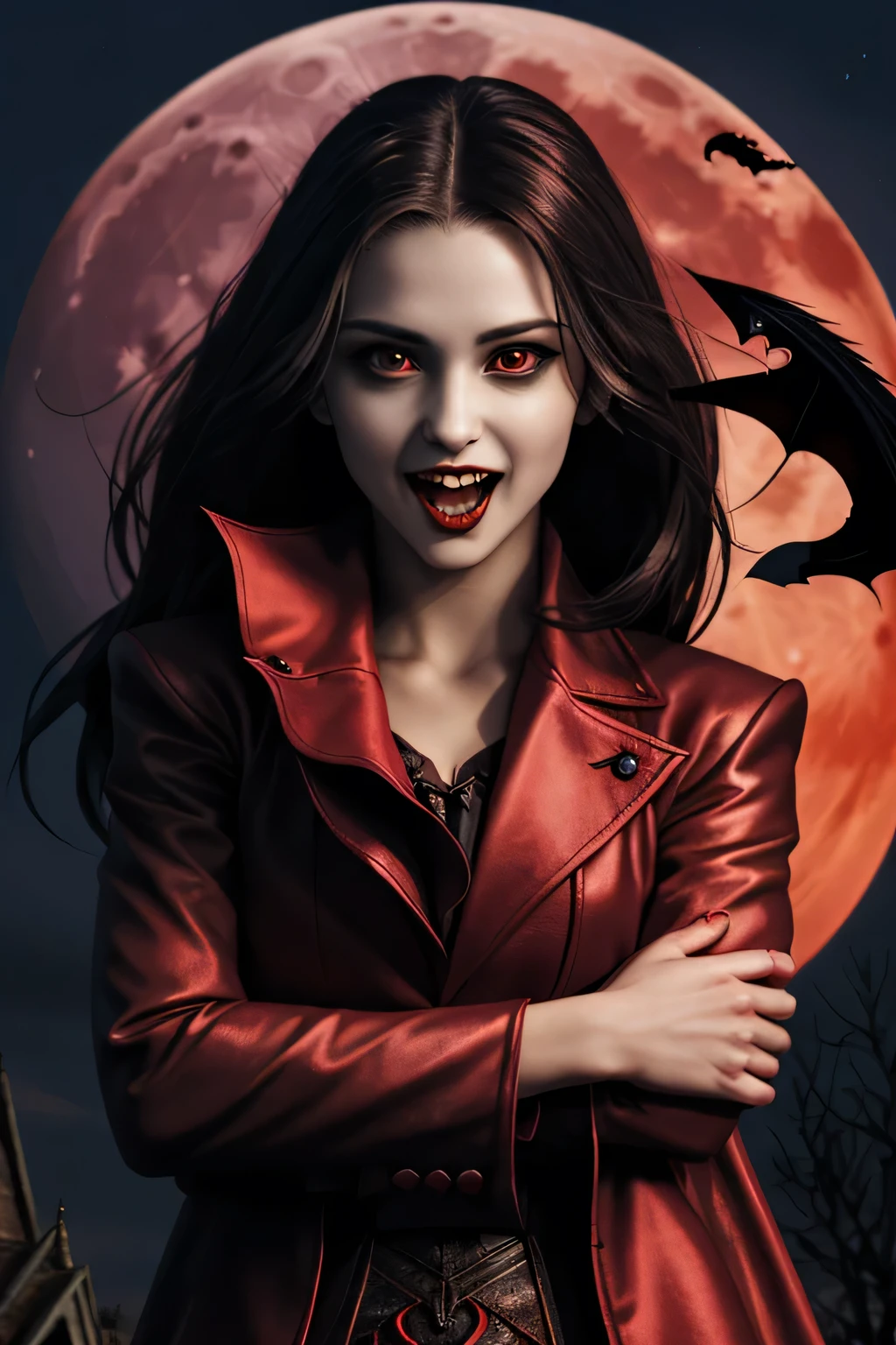 1 female vampire, looking at viewer, holding human body in her arms, night with red moon in background, fantasy, (realistic face), half body, open mouth, showing vampire teeth,