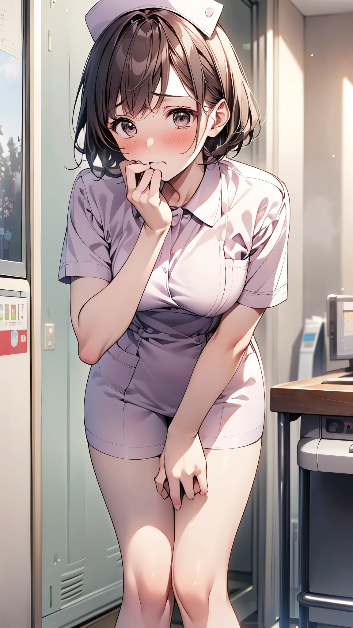(1 person、alone), Beautiful woman, (Anatomically perfect body, Slender、(nurse、nurse:1.2)、((白いnurseユニフォーム:1.3))、 (Look down, face down:1.3)、 years old、(Highest quality)、Black Hair, short hair, (Leaning forward、Are standing:1.2)、(hospital)、(8K, High resolution)、(shy:1.4)、small breast, (steam:1.1), (embarrassed:1.3)、High definition face、(Pussy juice:1.1)