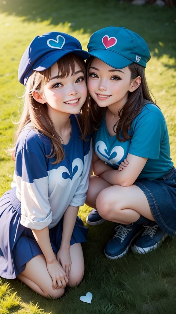 Create an overhead photo of two people forming a heart shape with their hands. One person is standing, and the other person is crouching, looking up and smiling, wearing a blue cap. Add two drawn hearts above the crouching person. The background is a green grassy field.”

Feel free to modify the prompt if you have specific details in mind!