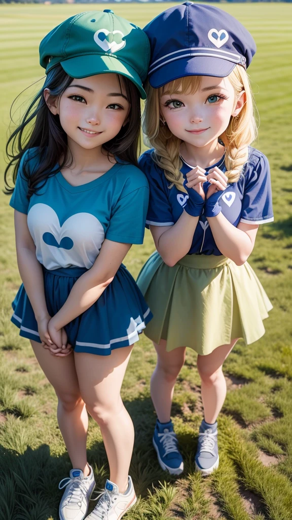 Create an overhead photo of two people forming a heart shape with their hands. One person is standing, and the other person is crouching, looking up and smiling, wearing a blue cap. Add two drawn hearts above the crouching person. The background is a green grassy field.”
Feel free to modify the prompt if you have specific details in mind!
