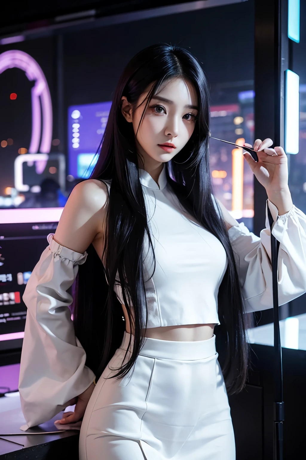Cyberpunk style beautiful Asian woman，Have beautiful big eyes，long hair，Nice nose，Small mouth，A 26-year-old tall woman wearing a white gauze skirt，The background is the world of the future，Have good quality