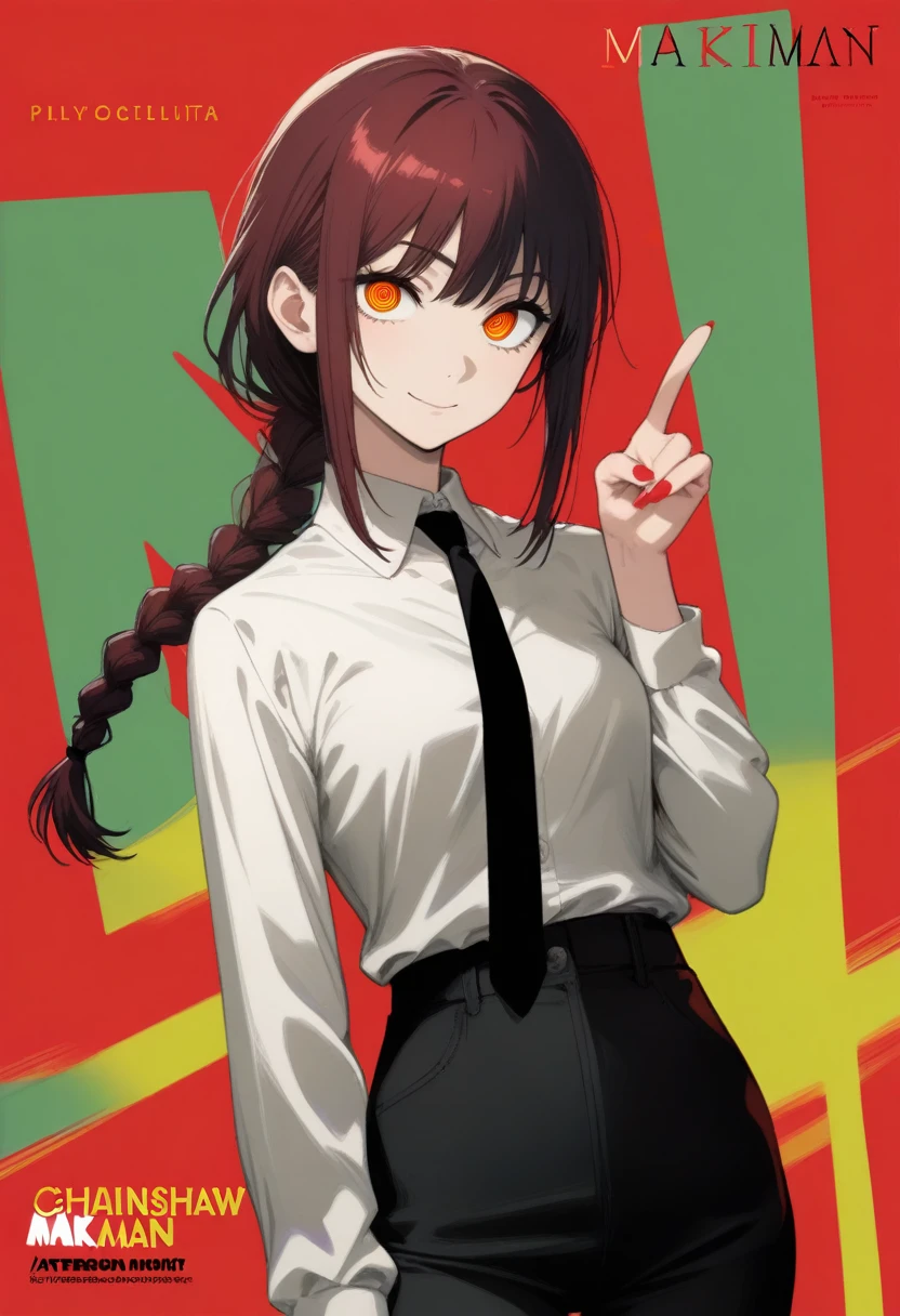 1girl, mishima kurone, tatsuki fujimoto, absurdres, official art, absurdres, chainsaw man, makima \(chainsaw man\), 1girl, artist name, black necktie, black pants, braid, braided ponytail, breasts, closed mouth, collared shirt, copyright name, cover, cover page, dress pants, formal, green background, hand gesture, high-waist pants, long hair, long sleeves, looking at viewer, manga cover, medium breasts, multicolored background, nail, necktie, open door, pants, pointing, pointing at viewer, red background, red eyes, red hair, ringed eyes, shirt, sidelocks, smile, solo, upper body, white shirt, yellow eyes, ((very aesthetic, best quality, ultra detailed)), rating:safe, manga, painterly
