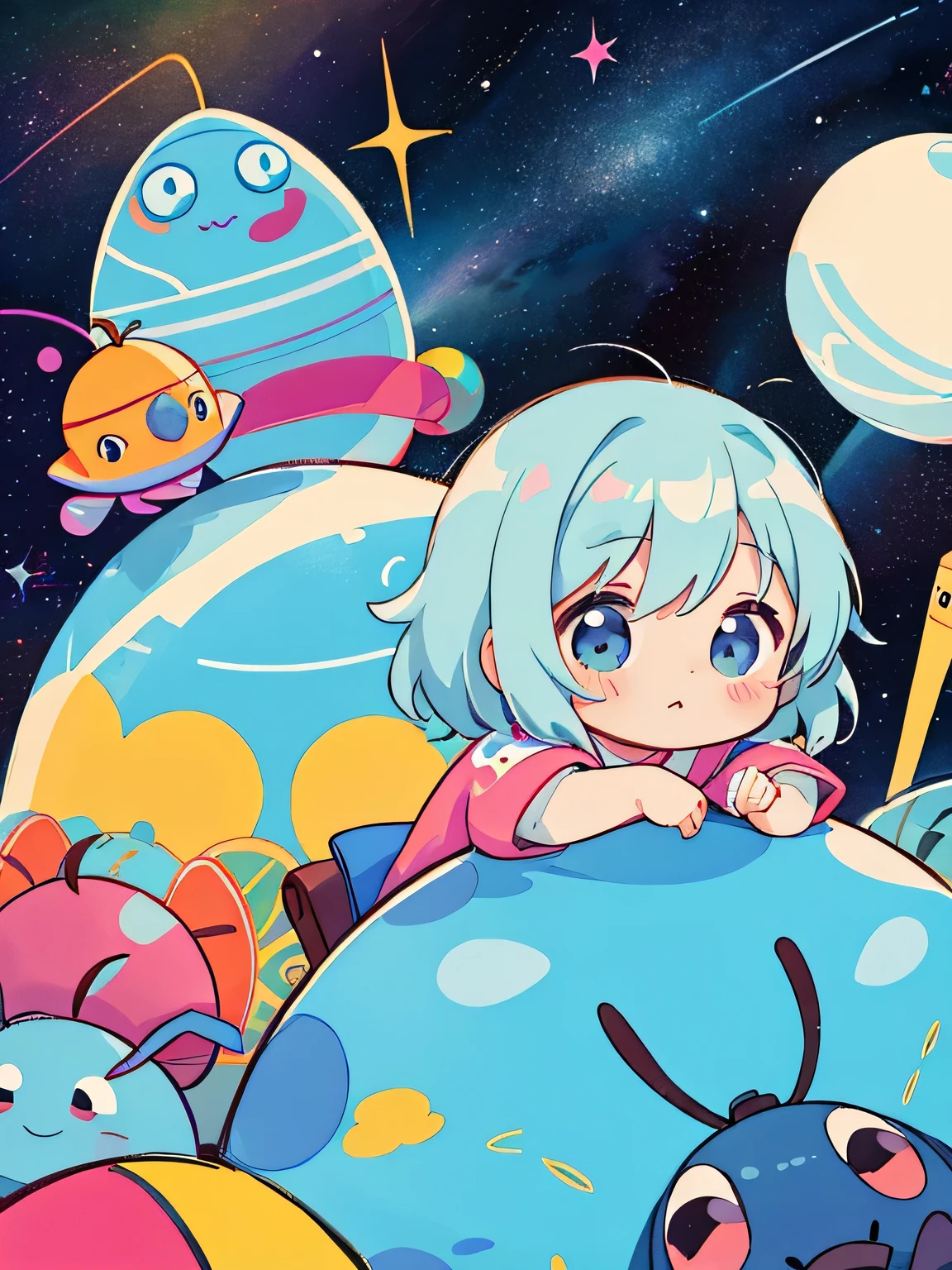 Vasily Kandinsky style, Kawaii Design, The most beautiful girl of all time、chibi, ((Colorful pillbug))、Space Travel、