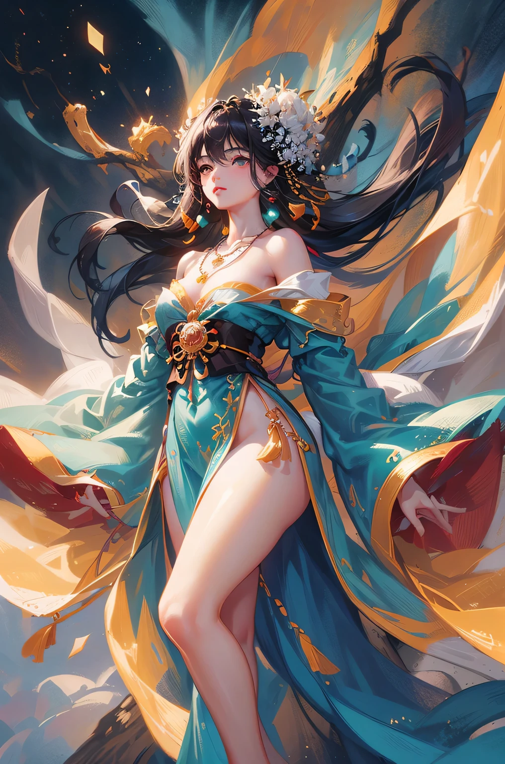 (masterpiece:1.5, Highest quality, Very detailed、 Dutch Angle、Semi-Realistic、Fantasy)(One girl, alone)(White and beautiful hair,,Straight Long Hair)(Wearing Han clothes, Royalty、Black and white Hanfu,Thick fabric,Long sleeve)、((Off the shoulder、Medium Chest、ruby necklace))(From behind:1.4,The buttocks are slightly exposed、Legs wrapped in tights)(Cherry tree、dead tree、Mystical Night、Particles of light float around the woman、Space for fantasy)
