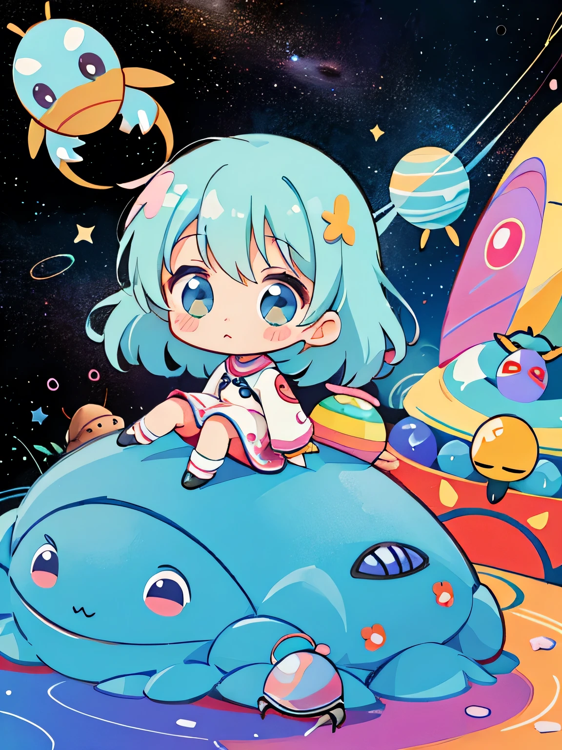 Vasily Kandinsky style, Kawaii Design, The most beautiful girl of all time、chibi, ((Colorful pillbug))、Space Travel、
