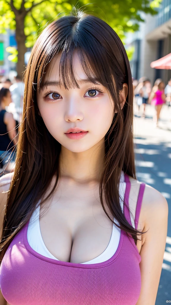 RAW photo, (best quality, 8k, 32k, masterpiece, UHD:1.2), ultra high resolution, (pretty a Korean  girl of 1eautiful detailed eyes, long brown hair, bangs, (wearing magenta tank-top), large breasts, cleavage, portrait, (crowded city boulevard on a sunny day:1.2), (detailed background:1.5)