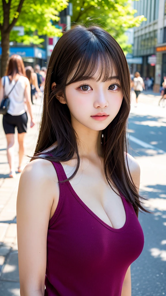 RAW photo, (best quality, 8k, 32k, masterpiece, UHD:1.2), ultra high resolution, (pretty a Korean  girl of 1eautiful detailed eyes, long brown hair, bangs, (wearing magenta tank-top), large breasts, cleavage, portrait, (crowded city boulevard on a sunny day:1.2), (detailed background:1.5)