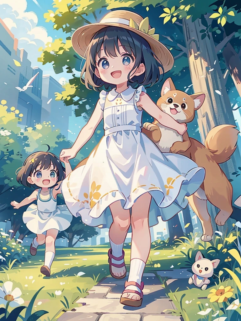 Two little girls、Very close sisters、Walk hand in hand、Having fun and being excited、They both walk with a bounce、Happy smile、A cute, cool sleeveless dress、Dogs walking side by side、(Quadrupedal Dog、Very large dog:1.4、Same height as her sister、Bushy white hairs、She is very kind and cares for her sisters.)、Nothing in my hands、Watching the audience、