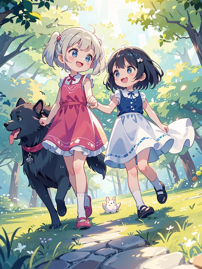 Two little girls、Very close sisters、Walk hand in hand、Having fun and being excited、They both walk with a bounce、Happy smile、A cute, cool sleeveless dress、Dogs walking side by side、(Quadrupedal Dog、Very large dog:1.4、Same height as her sister、Bushy white hairs、She is very kind and cares for her sisters.)、Nothing in my hands、Watching the audience、